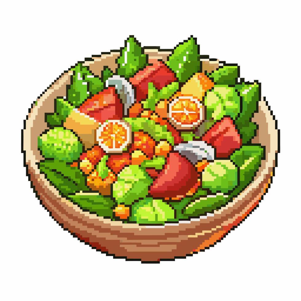Colorful Pixel Art Salad Bowl with Fresh Vegetables and Citrus Slices vector
