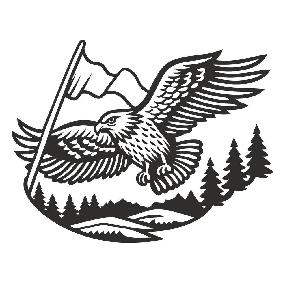 eagle holding flag over mountains and forest wilderness spirit, strength and freedom illustration vector