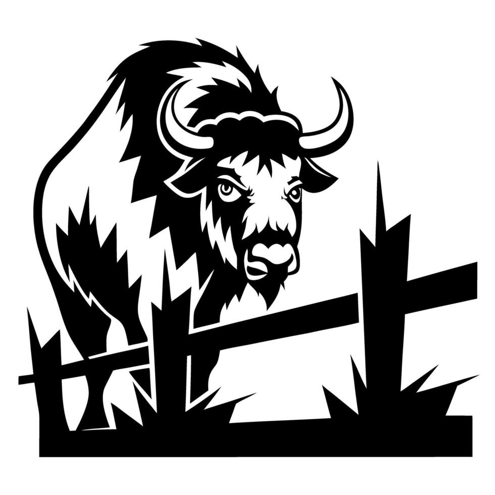 Majestic bison illustration powerful buffalo behind fence silhouette art vector