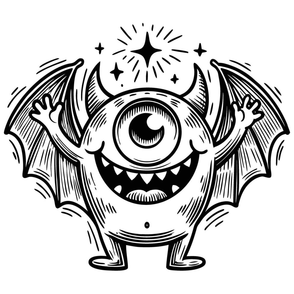 Cyclops bat owl hybrid, character wings, joyful expression, sketch vector