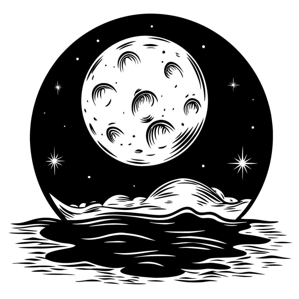 moonlit night sky, black and white illustration full moon, stars, water reflection vector