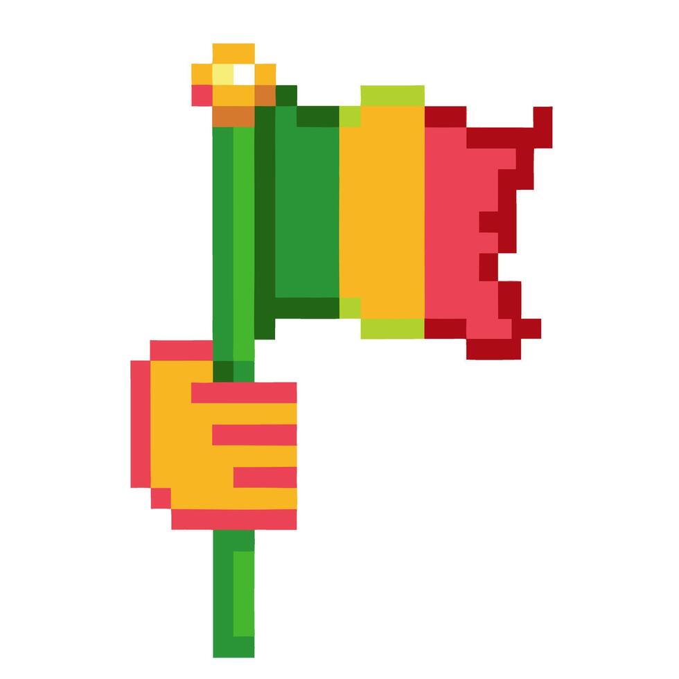 pixelated hand holding ethiopian flag, vibrant colors symbolizing pride and cultural heritage vector