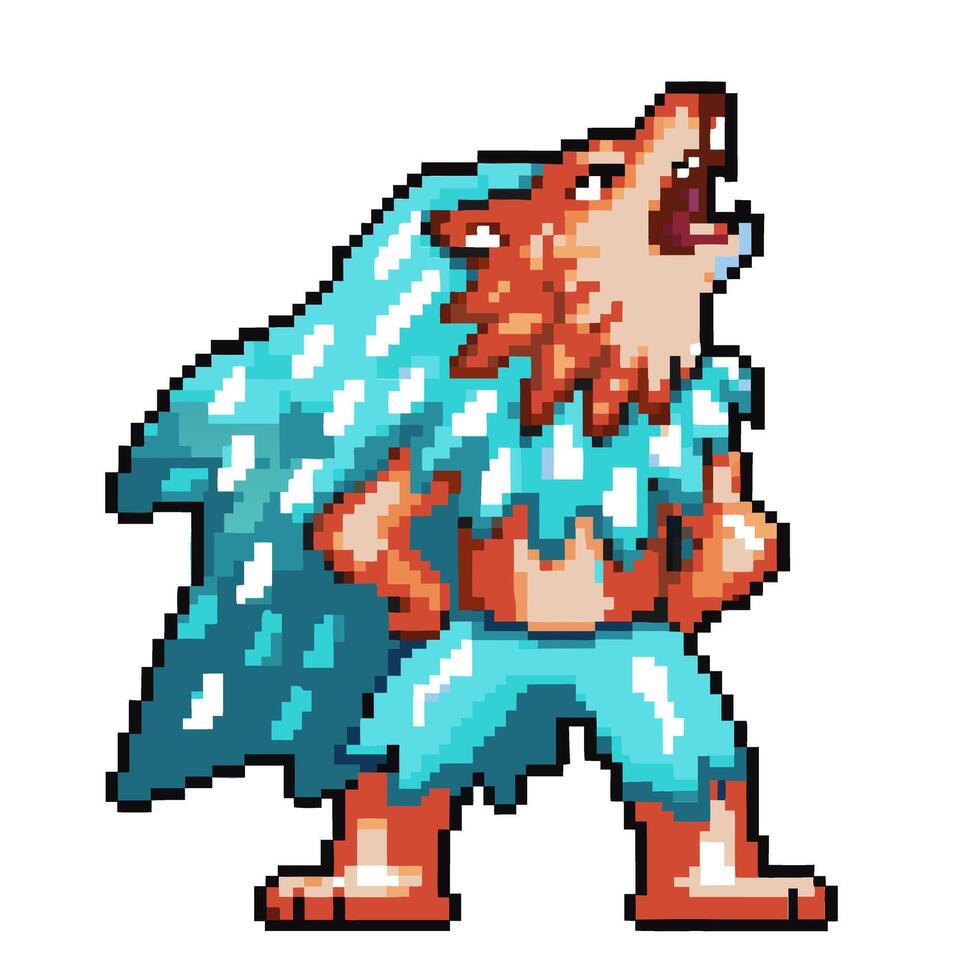 pixel art werewolf howling in blue cape retro gaming character roaring confidently vector