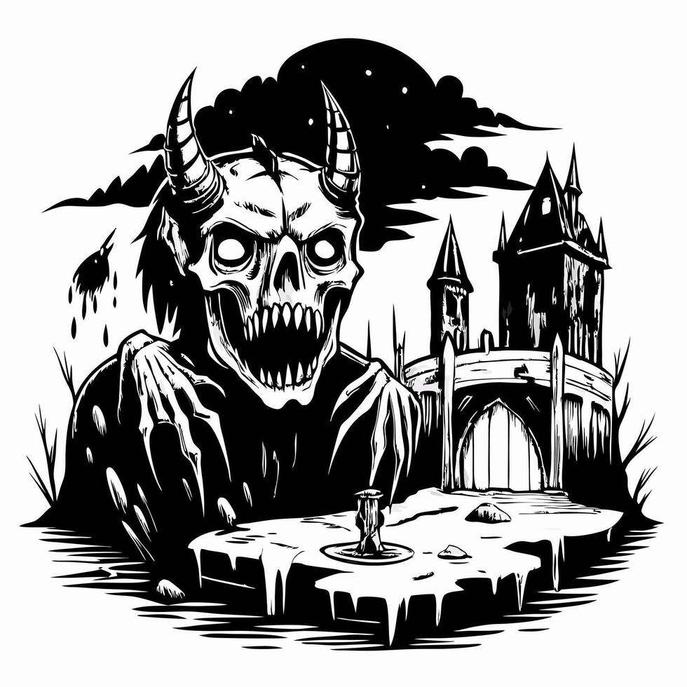 A skull with horns and a mouth open is in front of a castle vector