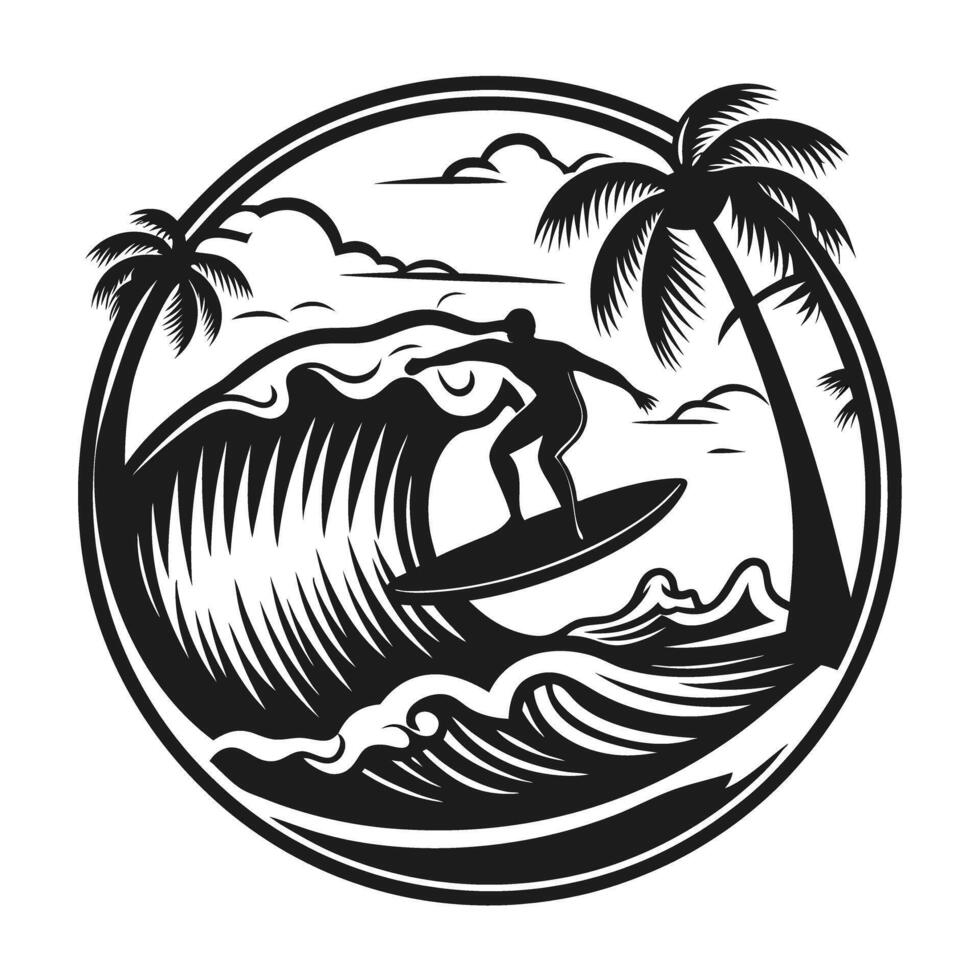 surfer silhouette with palm trees, ocean waves tropical adventure, black and white illustration vector