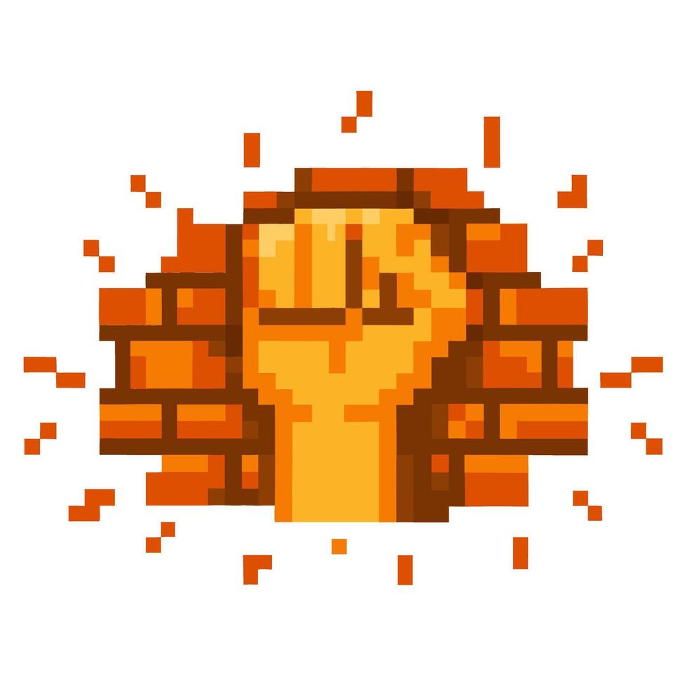 Pixelated fist breaking through brick wall symbolizing strength and power vector