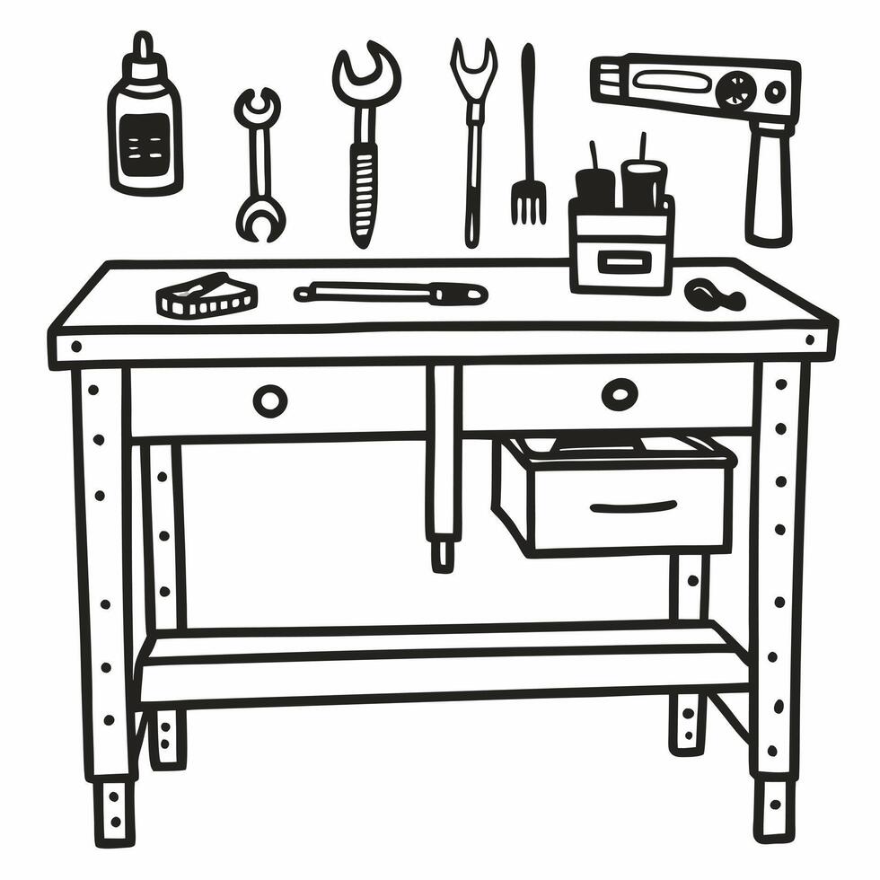 Hand Drawn Workshop Tools on a Wooden Workbench Illustration vector