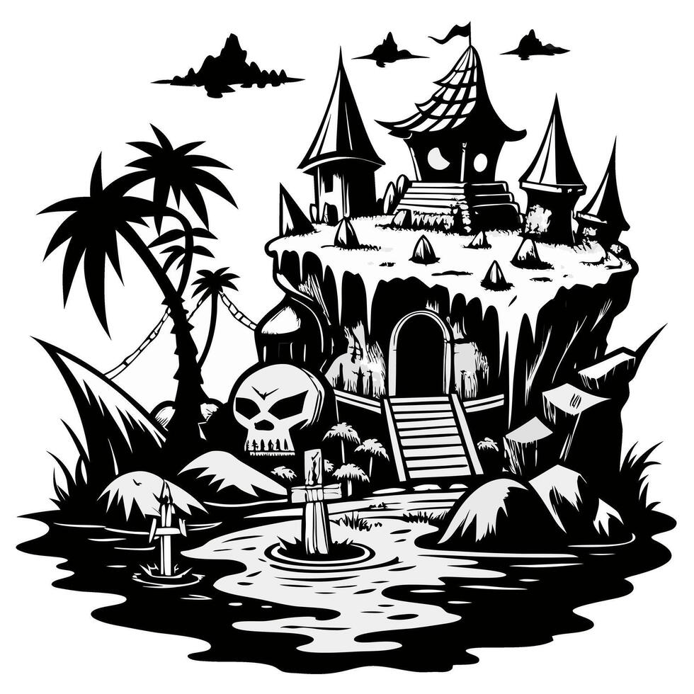 A black and white drawing of a castle with a skull on the front vector