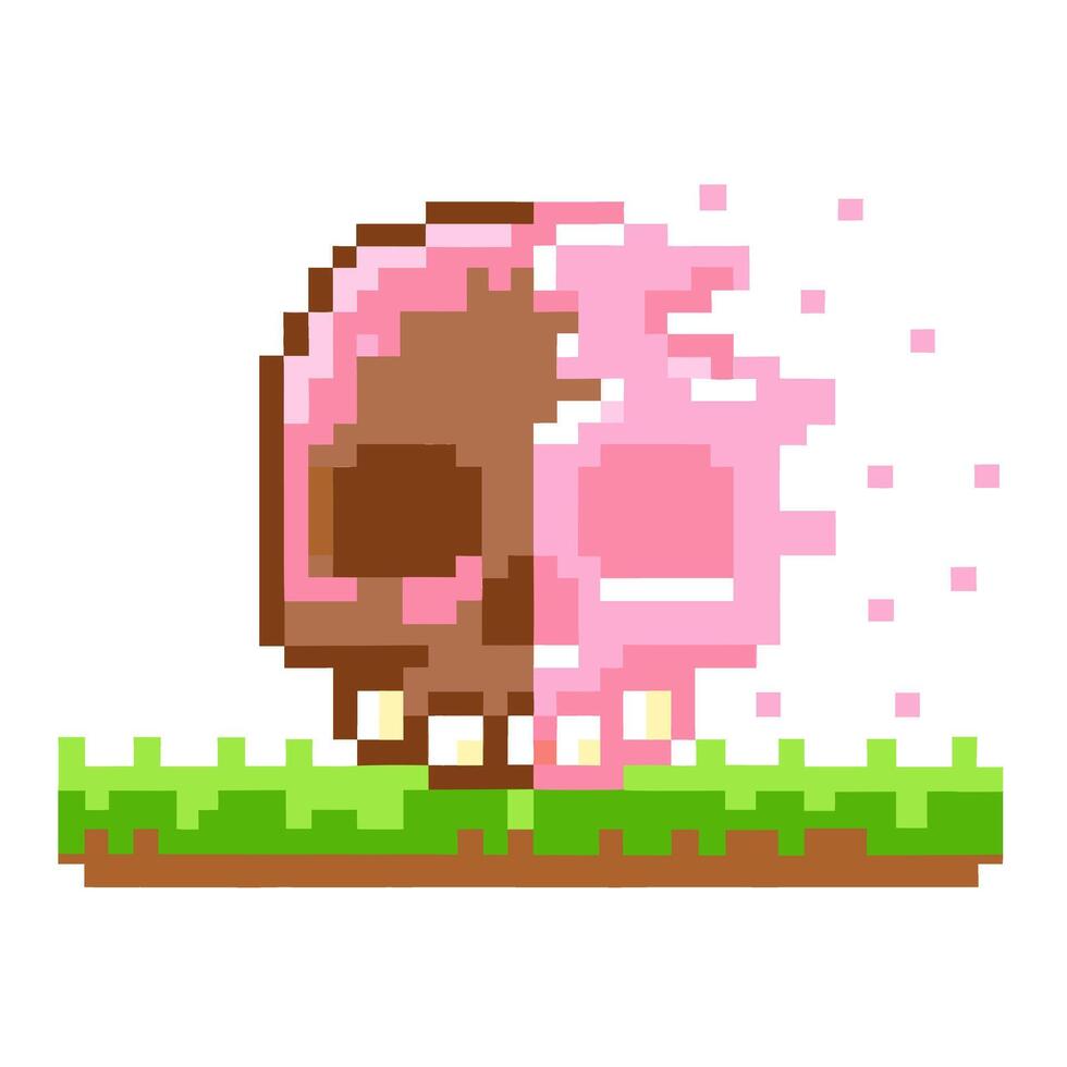 pixelated cow couple, pink and brown, digital art on grass platform with pixel effects vector