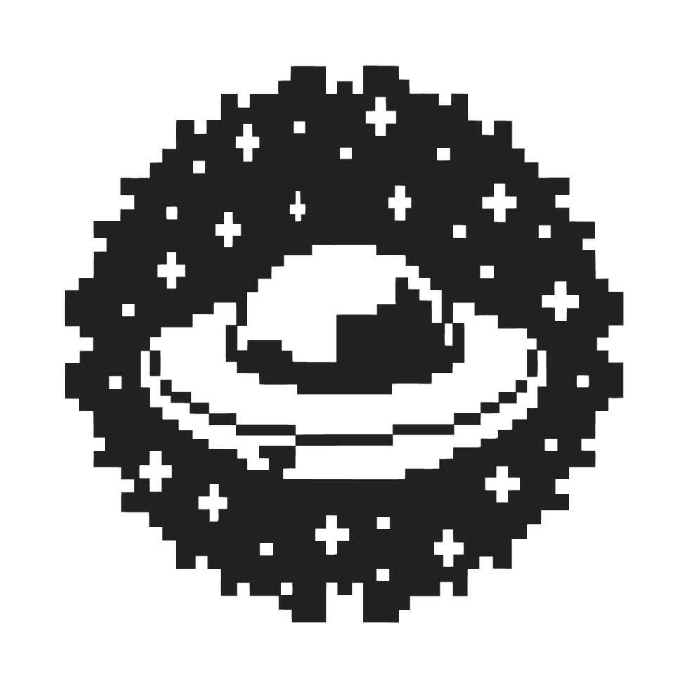 Pixel art ufo in starry space retro digital alien spacecraft illustration in black and white vector