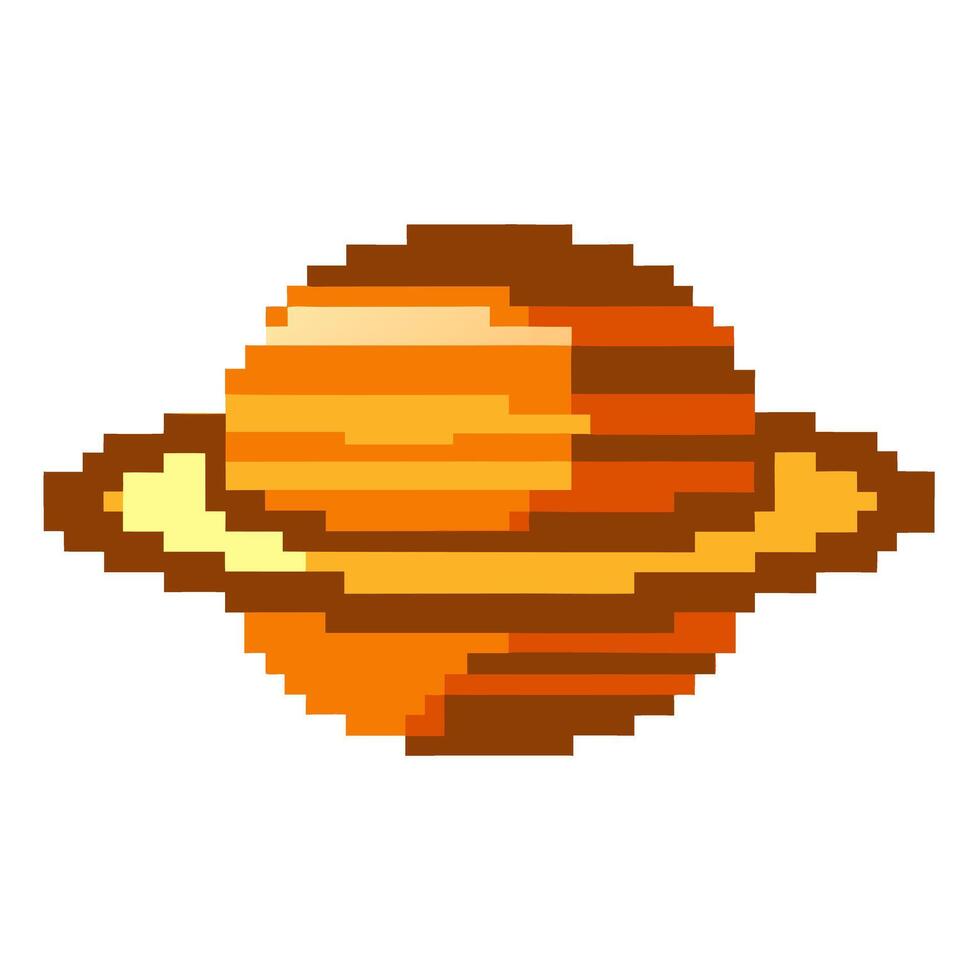 Retro pixel art of saturn with rings in 8 bit style, orange and yellow palette vector