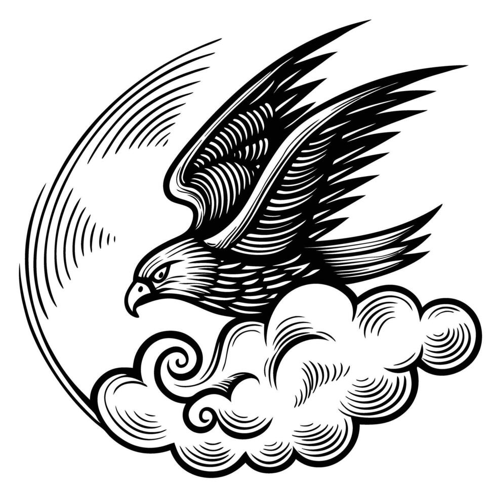 Artistic eagle soars above clouds in black and white illustration vector