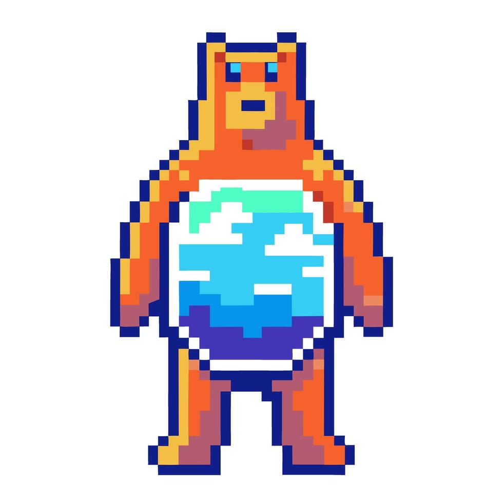 pixel art bear with earth pattern vibrant digital character, orange and blue pixelated animal design vector