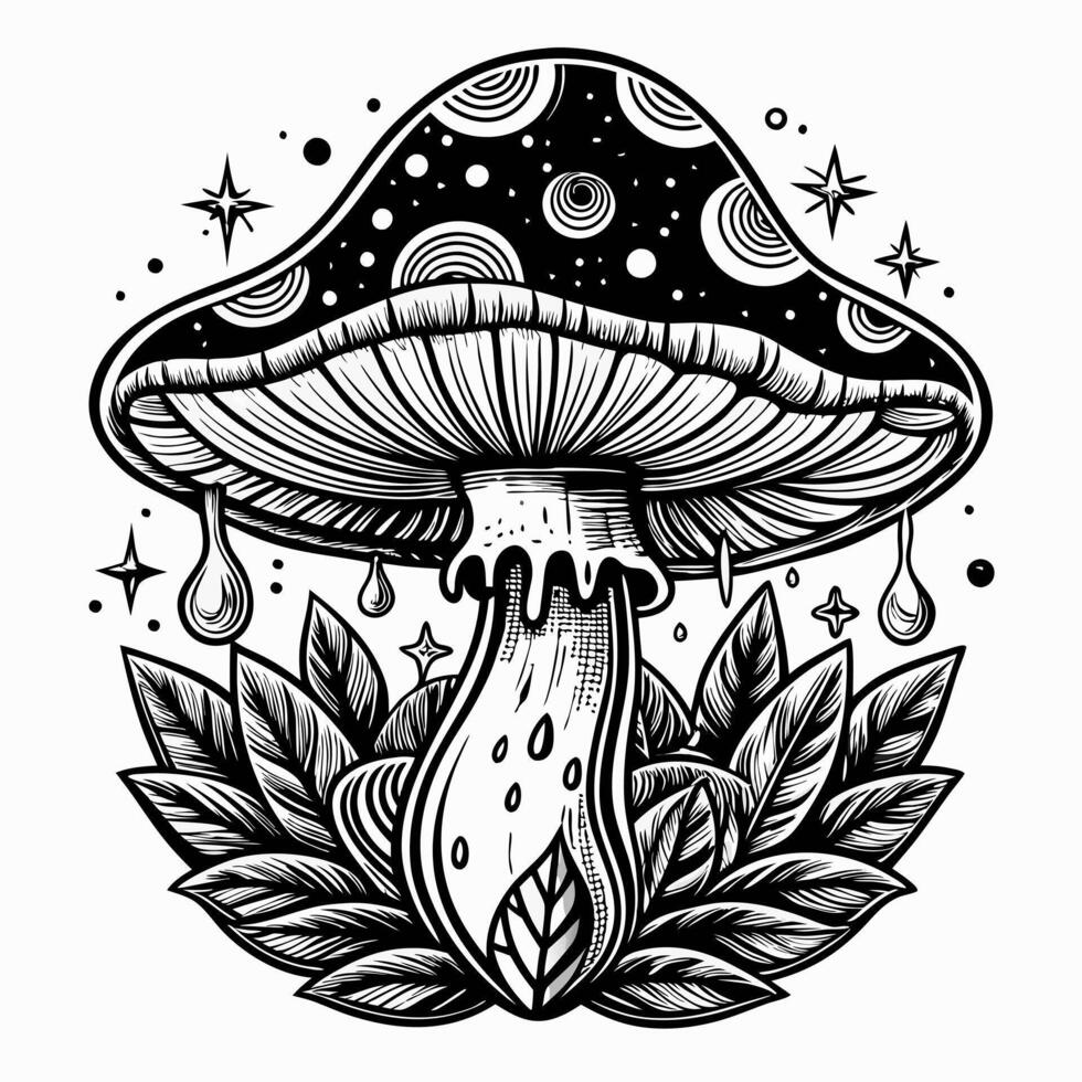 Psychedelic Mushroom with Cosmic Designs and Nature Elements in Art vector