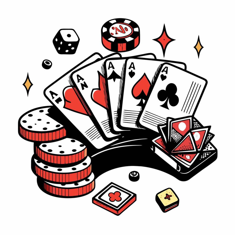 Casino Theme Illustration with Playing Cards, Poker Chips, Dice, and Game Tokens vector