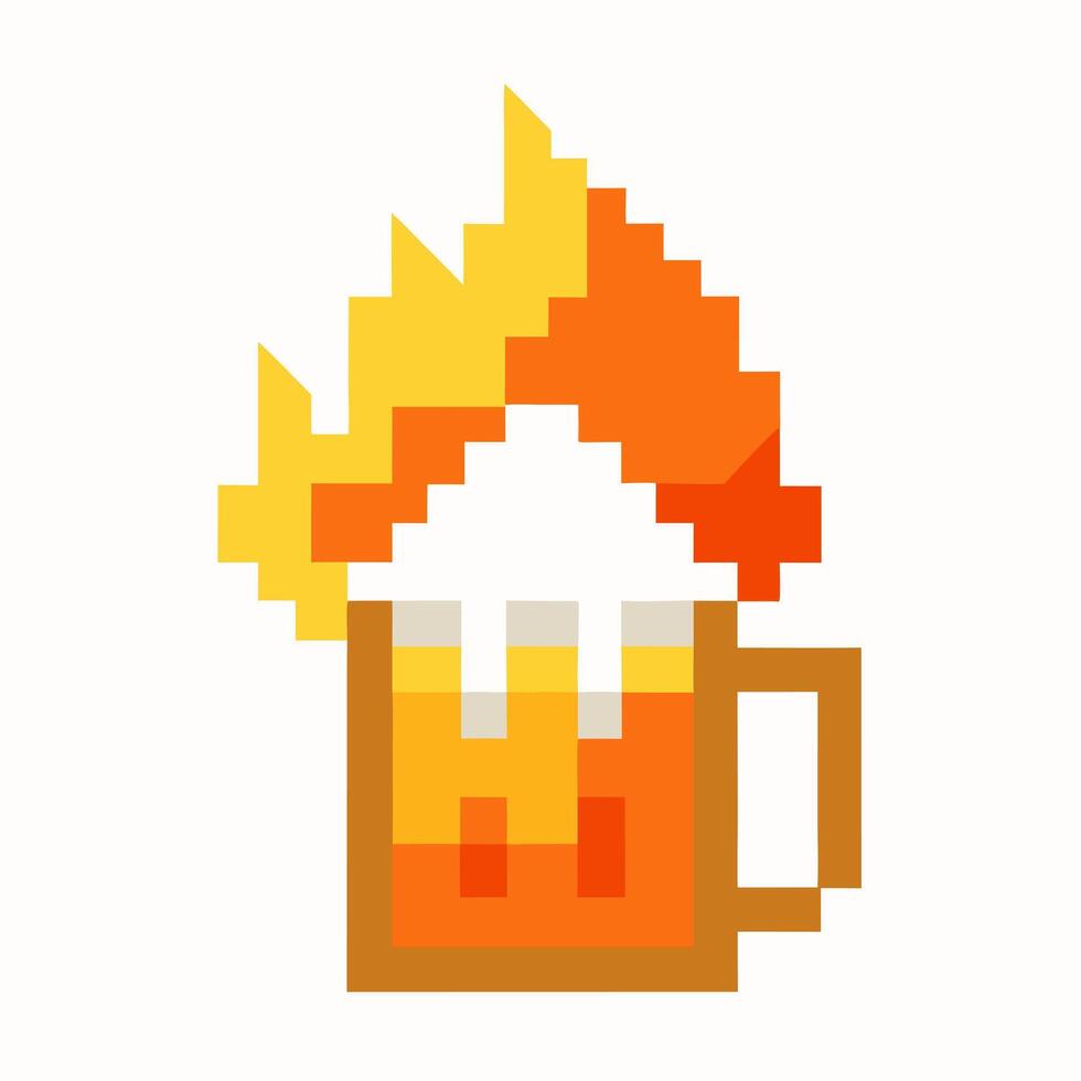 Pixel Art Burning Beer Mug Retro Videogame Style Alcohol Icon vector
