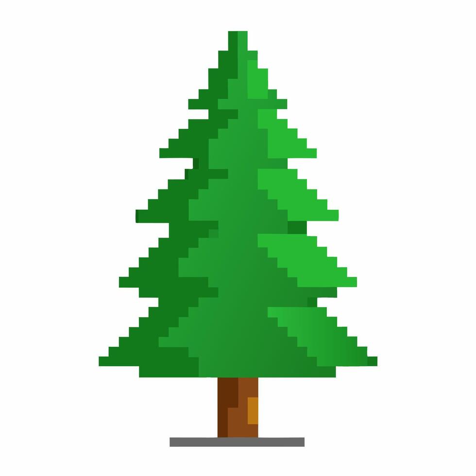 Pixelated Green Pine Tree Illustration in 8 Bit Style on White Background vector