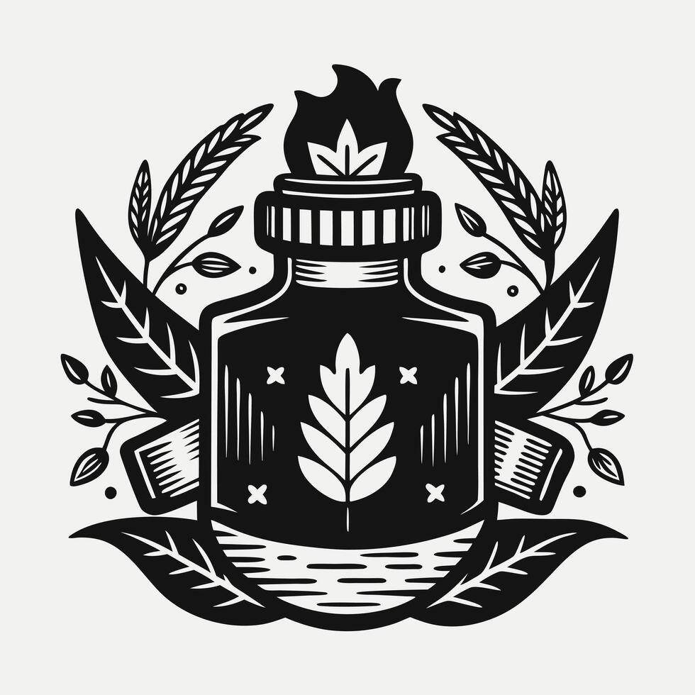 Vintage Ink Bottle with Feather and Leaf Elements in Black and White Illustration vector