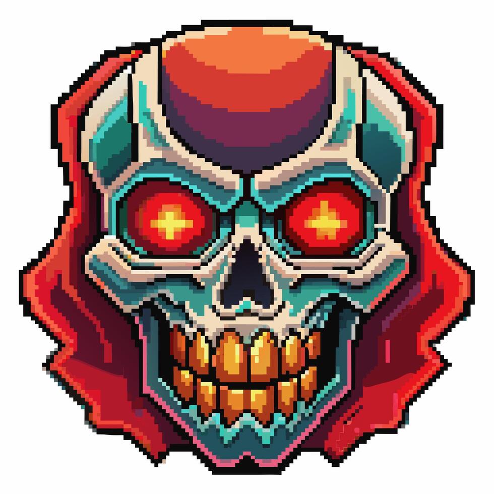 Pixel Art Skull with Glowing Eyes and Colorful Hood in Retro Style vector