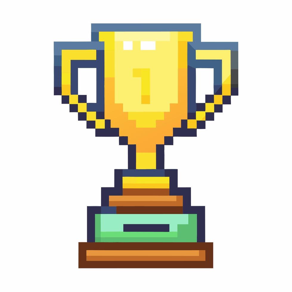 Retro Pixel Art Gold Trophy Nostalgic Gaming Achievement Icon Drawing vector