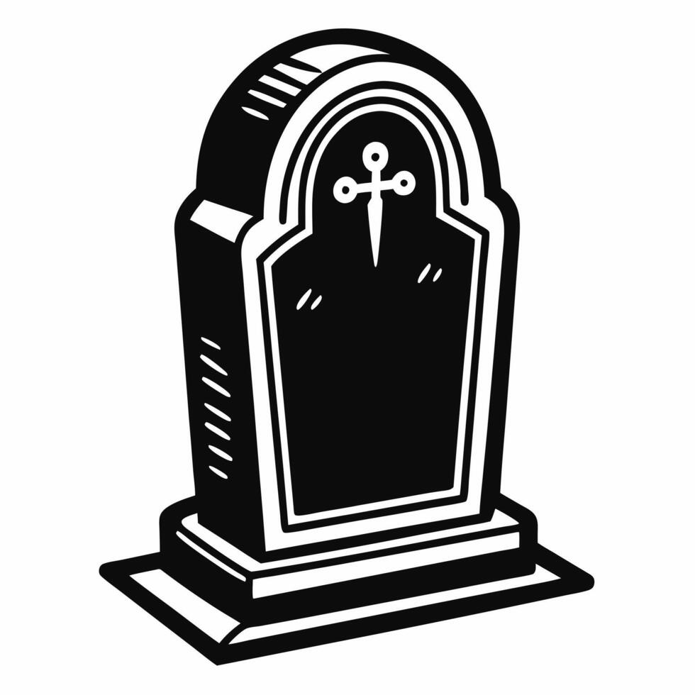 Black and White Tombstone Clipart Illustration of a Grave Marker with Cross Symbol vector