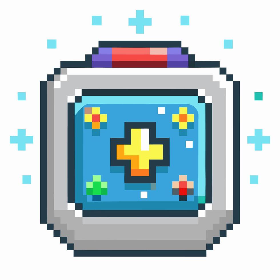 Pixel Art Icon of Retro Gaming Console with Plus Controller Decoration and Stars vector