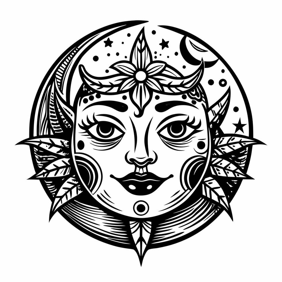 Intricate Sun and Moon Face Illustration with Celestial Elements vector