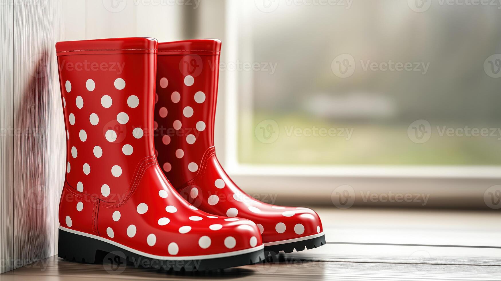 Pair of shiny red rain boots with white polka dots, with copy space photo