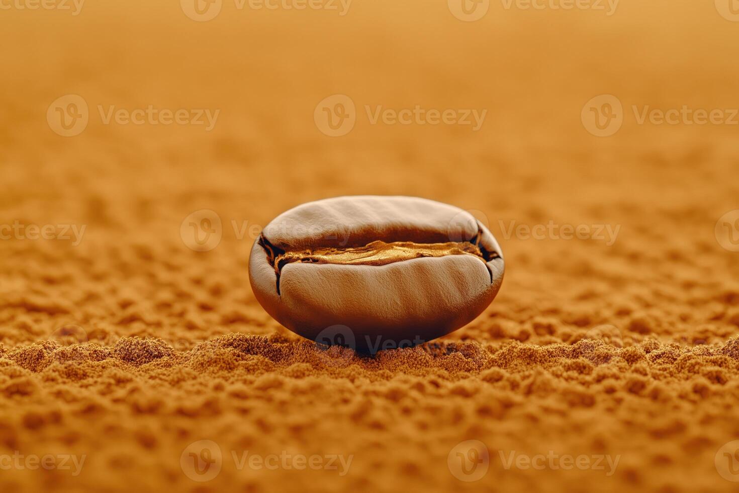 Coffee bean resting on fine ground coffee showcasing rich texture and aroma, with copy space photo