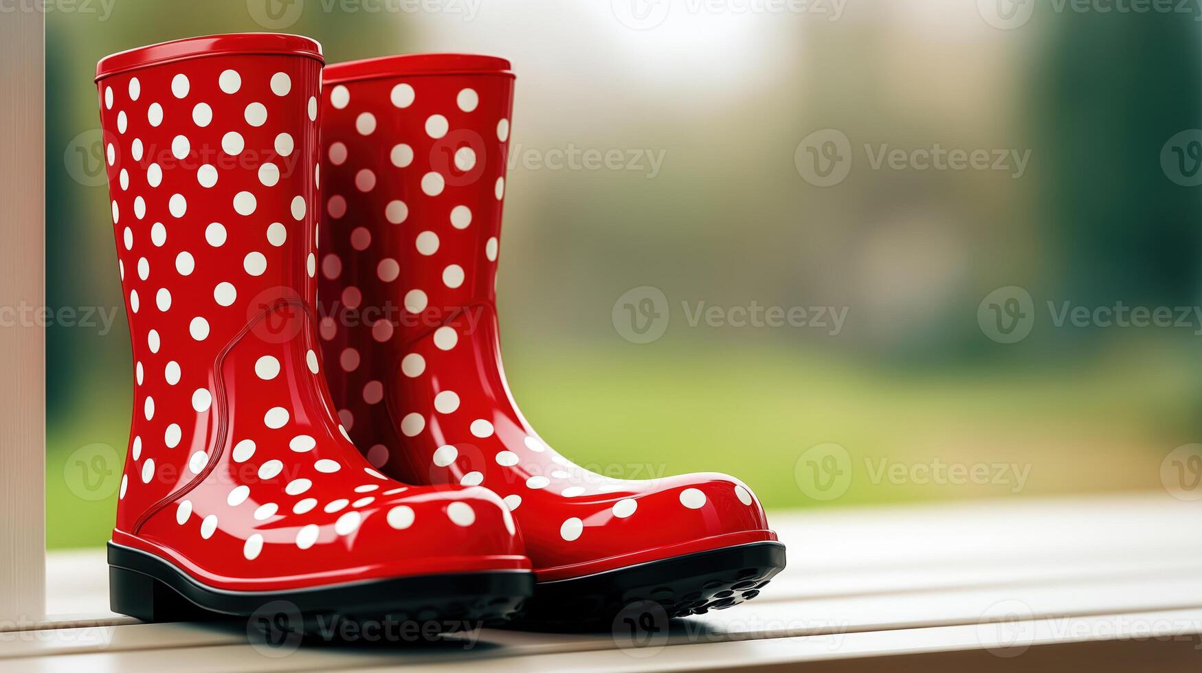 Shiny red rain boots with white polka dots on wooden doorstep, with copy space photo