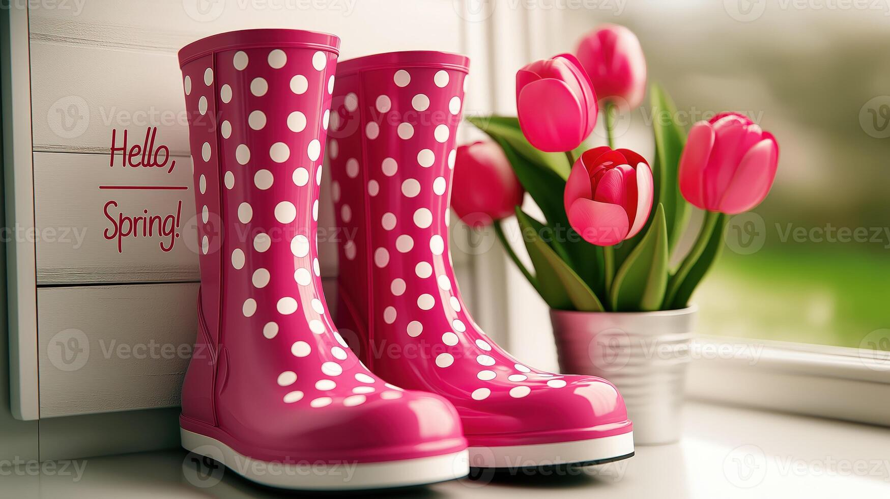 Pair of pink rain boots with polka dots near pot of tulips, with hello, spring photo