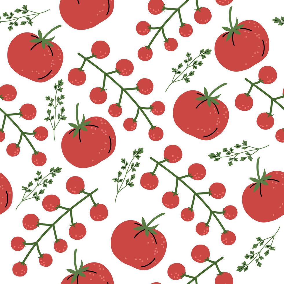 Seamless pattern with red tomatoes and green herbs on a white background. Ideal for fabric design or culinary themed projects. vector