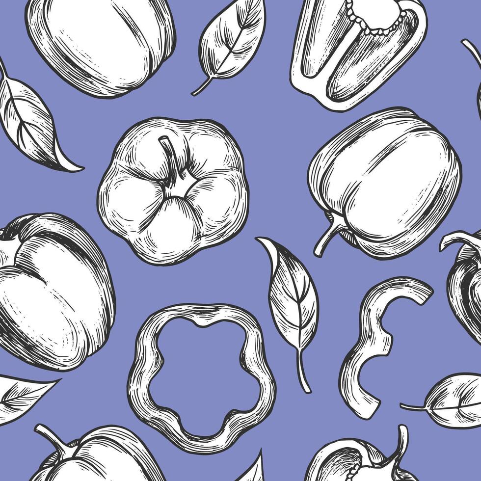 Seamless illustration featuring hand-drawn bell peppers and leaves arranged on a blue background. Whole and sliced bell peppers illustration vector
