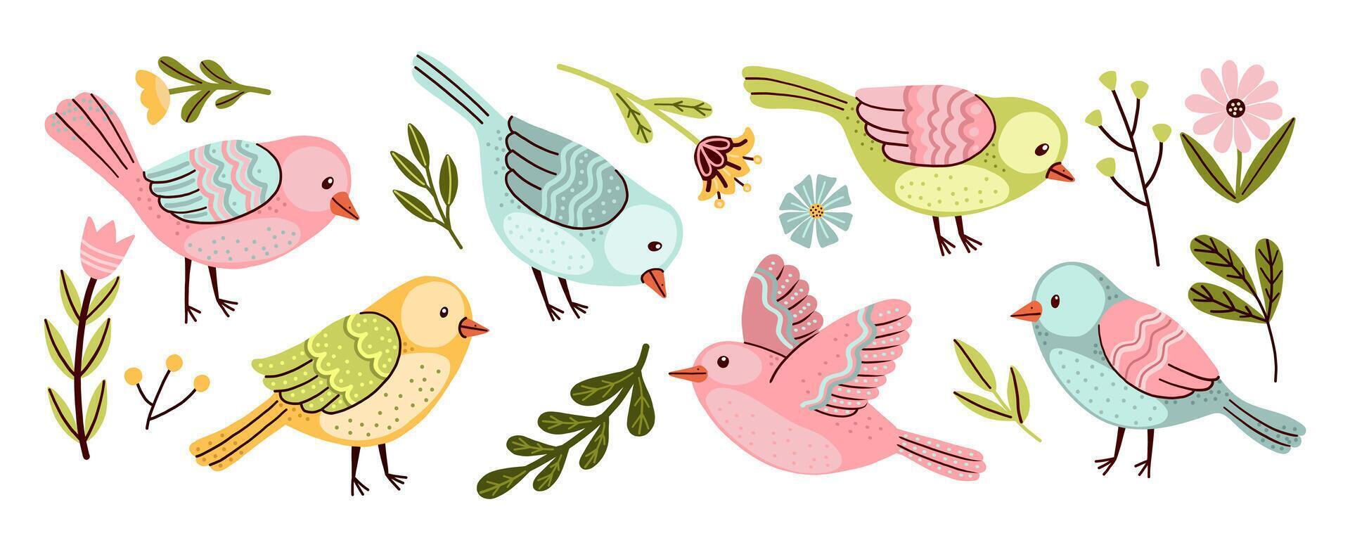 Set of colorful birds and floral elements. Vibrant birds in pastel colors are surrounded by various plants and flowers, creating a cheerful and lively scene, vector