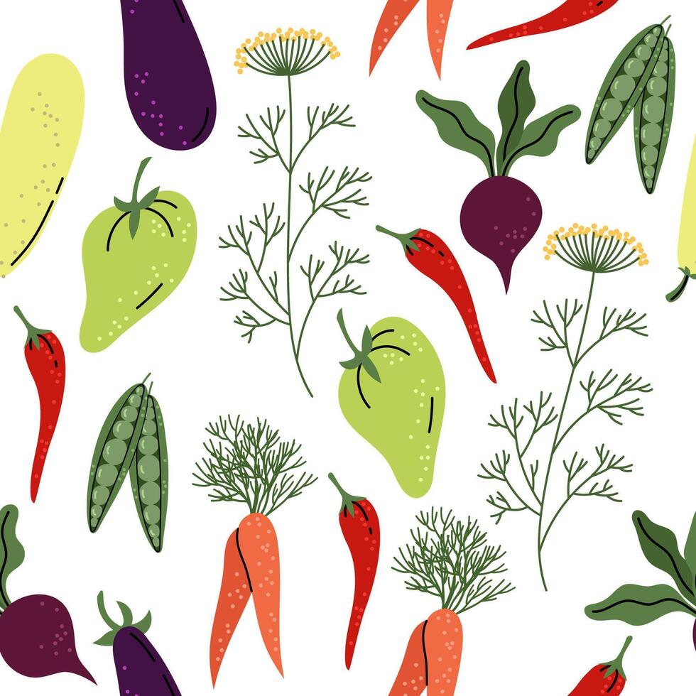 Seamless pattern of various colorful vegetables, including carrots, chillies, peas, and beetroots, arranged on a white background vector