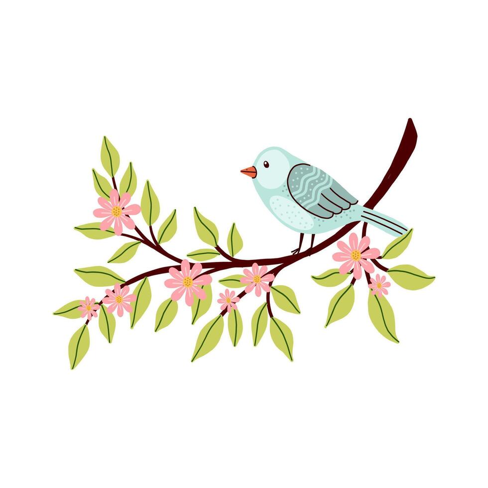 Isolated Bird perched on a branch with pink flowers and green leaves. vector