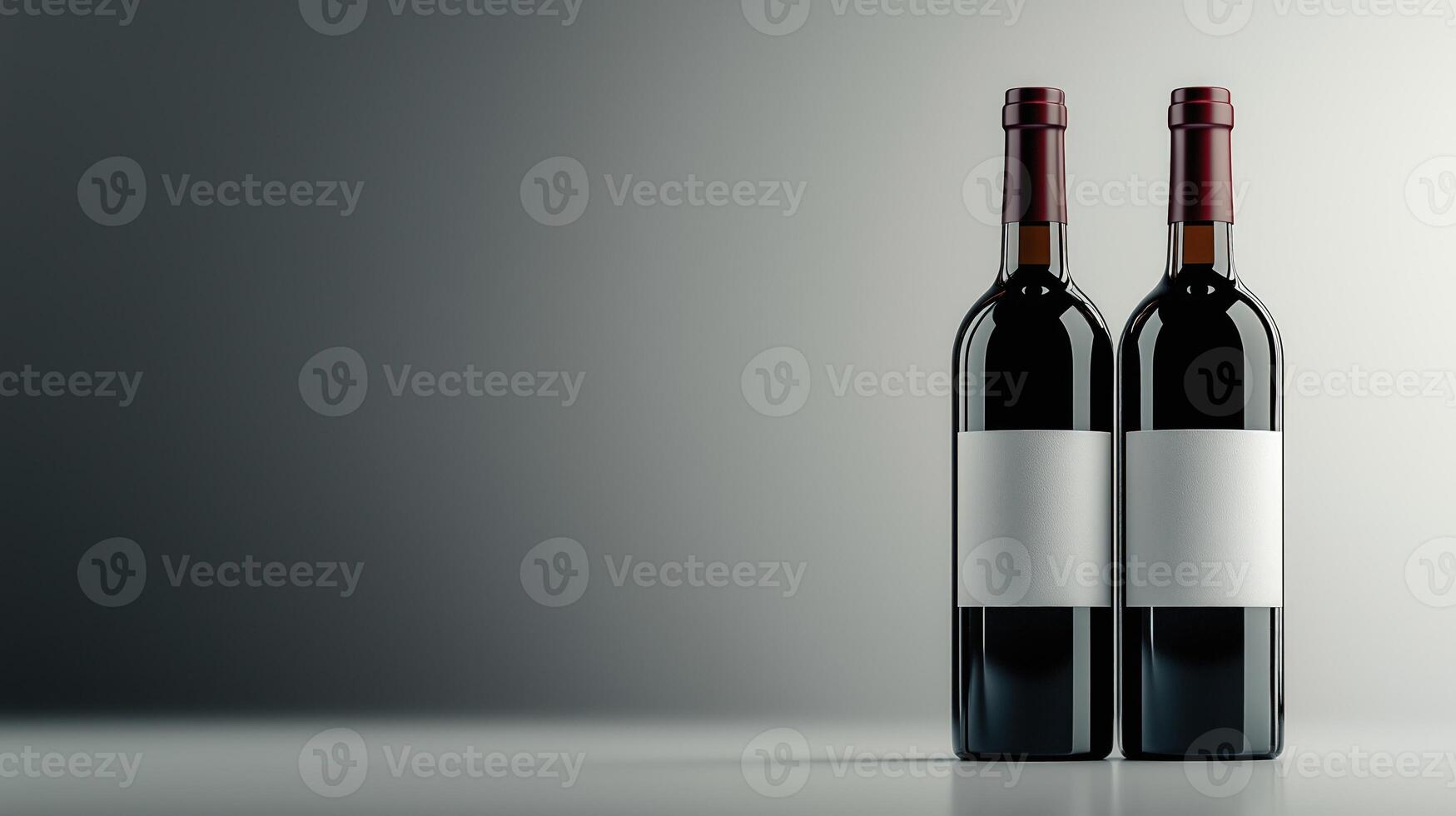 Red wine bottles with blank labels on grey minimalist background, copy space photo