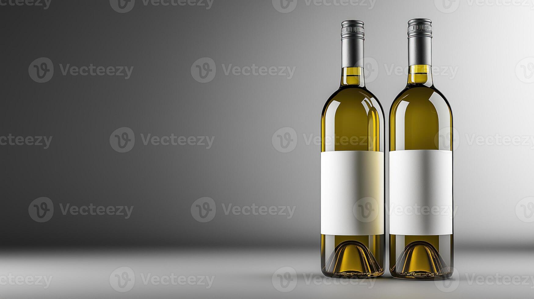 Elegant white wine bottles with blank labels on minimalist background, copy space photo