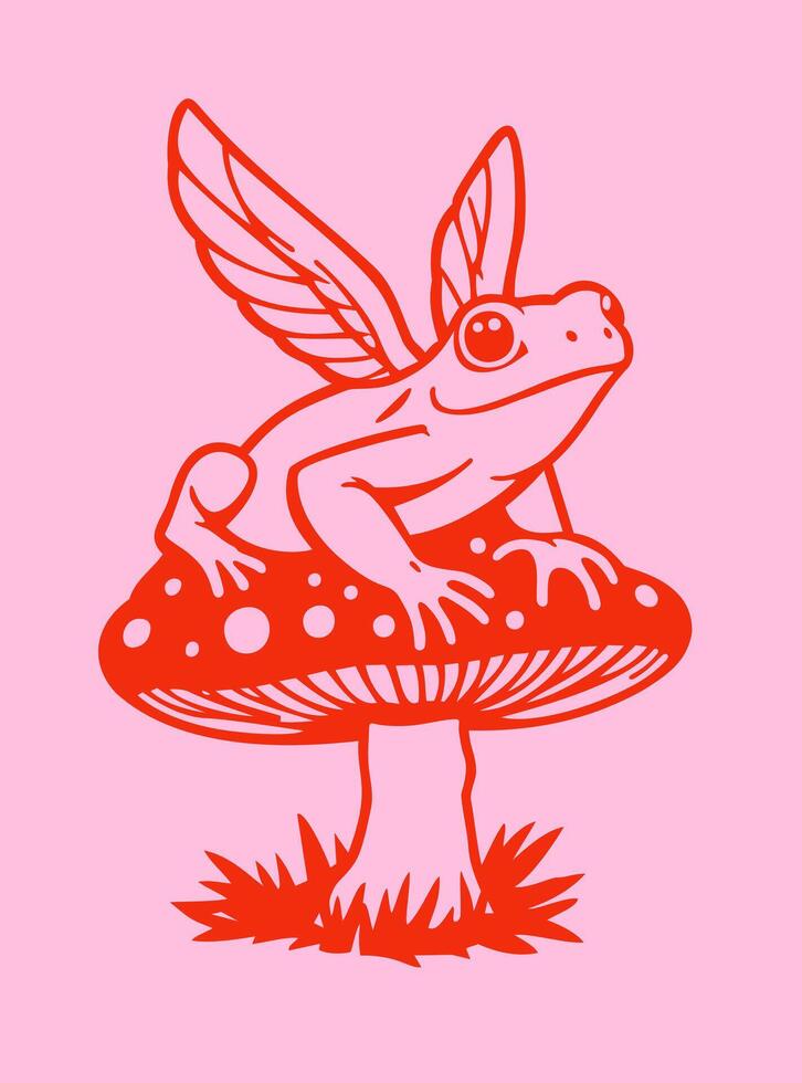 Winged toad sitting on fly agaric. Bright red illustration on pink background. isolated illustration vector