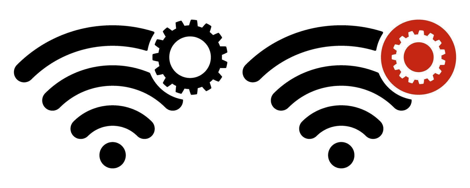 Wi-Fi icon with settings. Black and white wireless internet icon with a gear. Concept of network management, connection parameters, signal configuration. Wi-Fi settings symbol. vector