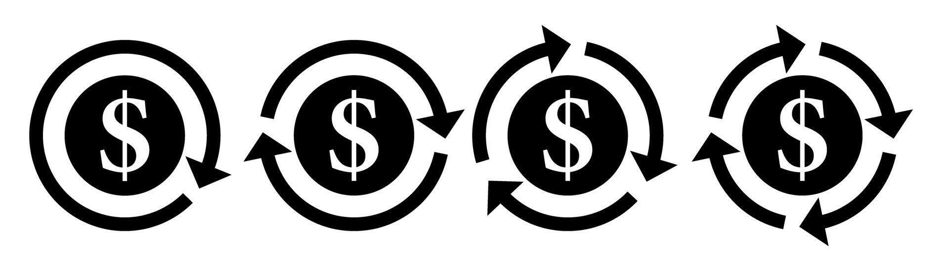 Dollar sign and arrows. Set of dollar circulation icons. Financial flow symbols with circular arrows representing money movement, transactions, banking, cash flow, economic cycle, financial exchange vector