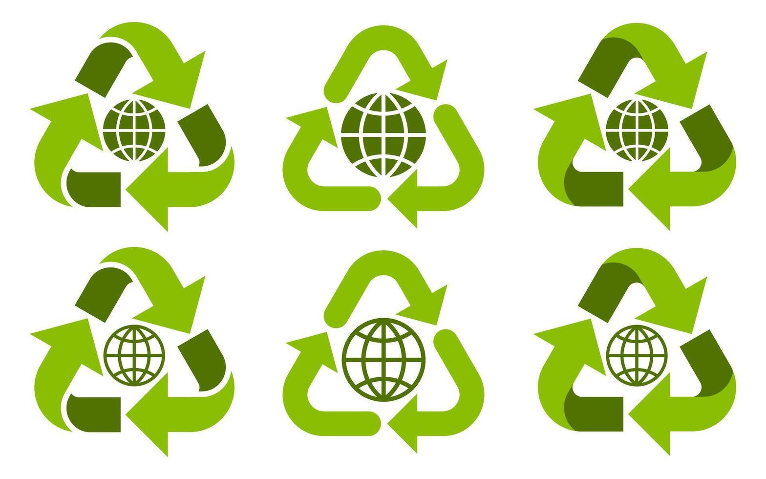 Green recycling symbol with globe, eco-friendly icon set for sustainability, waste management, and environmental protection. Ideal for ecology, conservation, and green energy projects vector