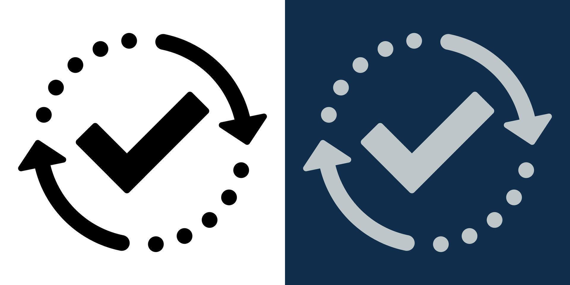 Checkmark reload icon. Refresh approval symbol with circular arrows. Black and white confirmation sign for synchronization, update, or validation. Minimal design for UI, apps, web vector