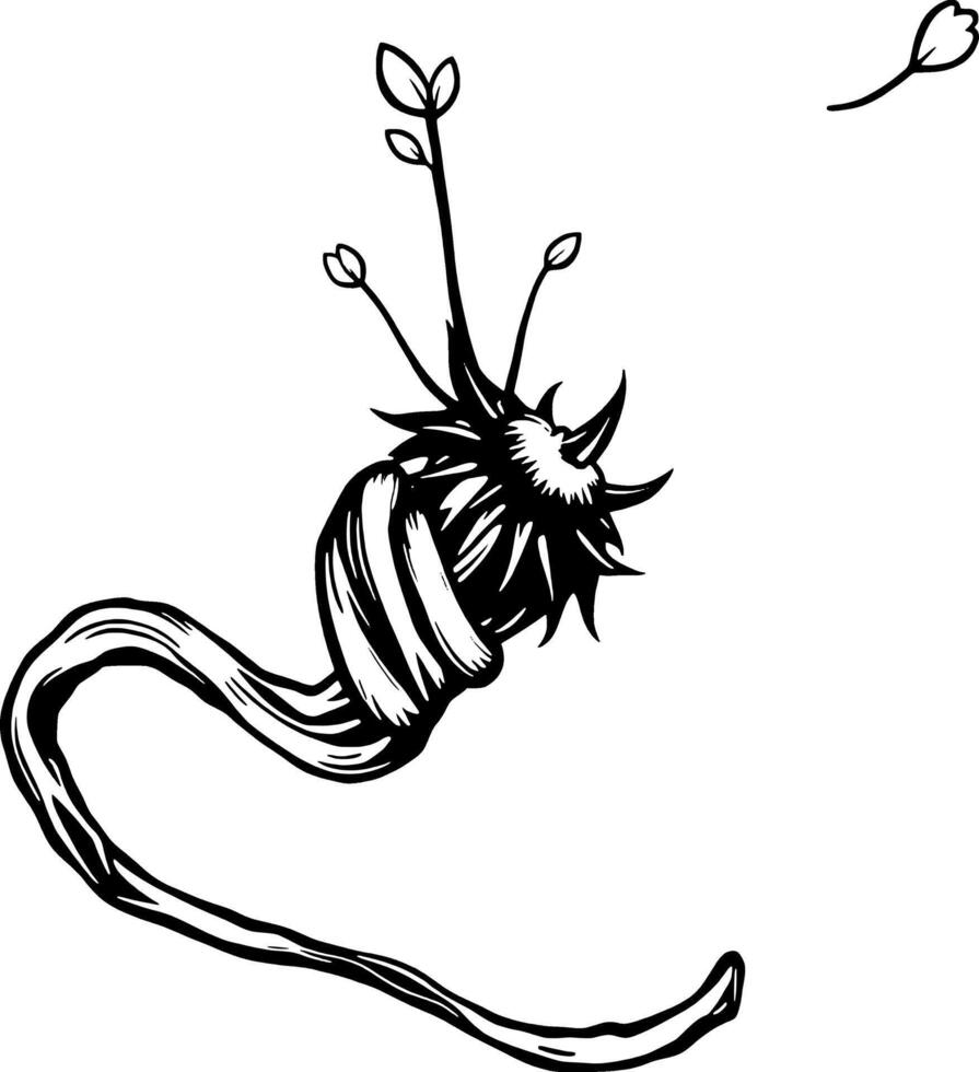 Stylized Dandelion Seed Head with Dispersing Seed Black Ink Drawing vector