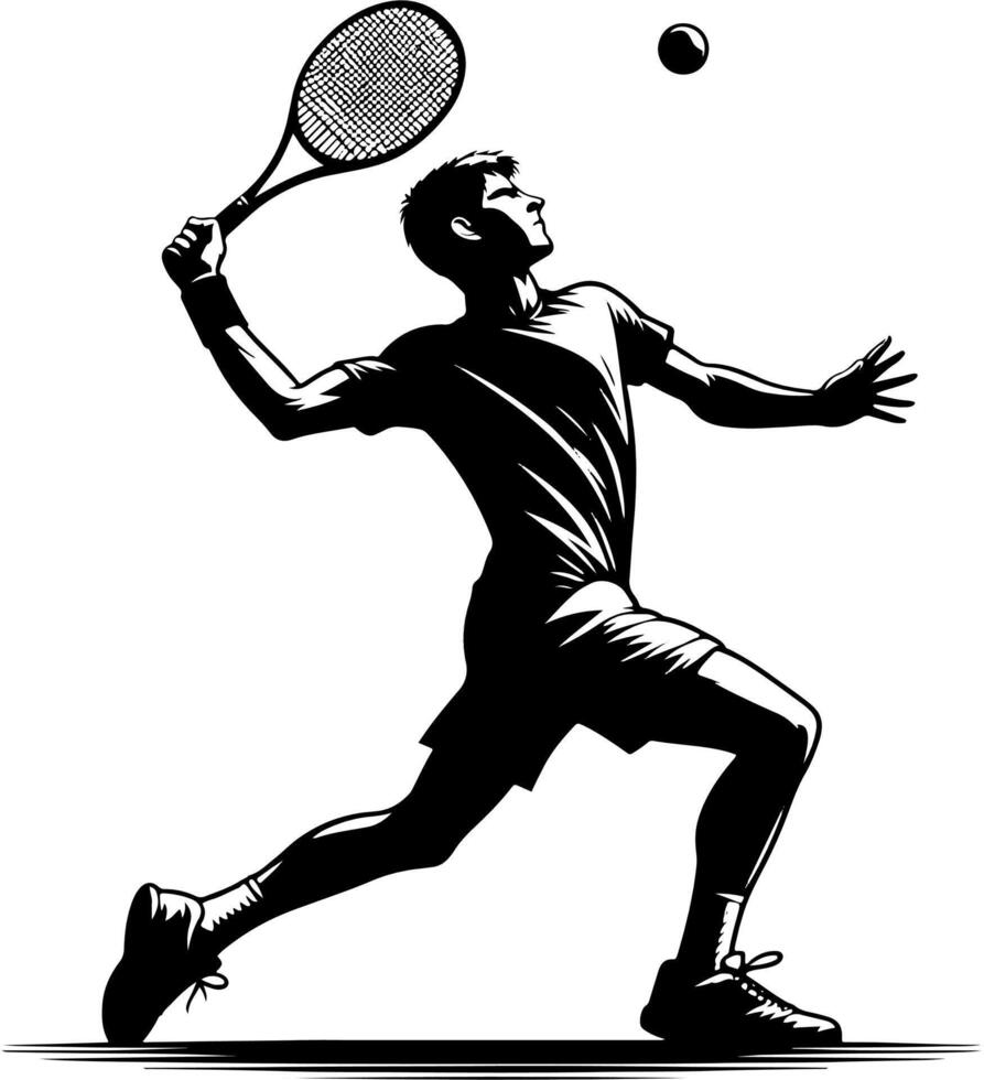 Male Tennis Player About To Hit An Over Head Shot, Black And White Tennis Silhouette vector