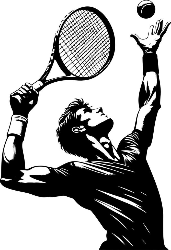 Male Tennis Player About To Serve The Ball, Black And White Tennis Silhouette vector