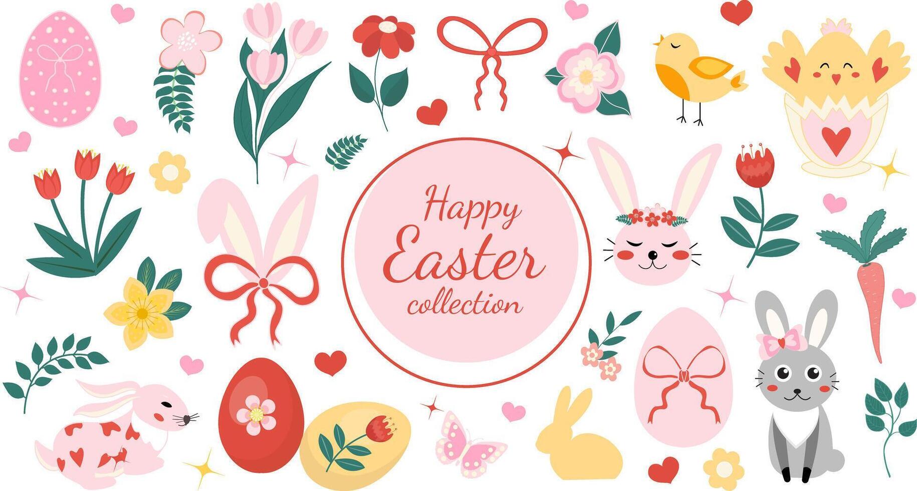 A sweet coquette-style Easter set with hand-drawn flowers, eggs, hearts, and ribbons. Perfect for greeting cards, feminine design projects, and seasonal decorations vector