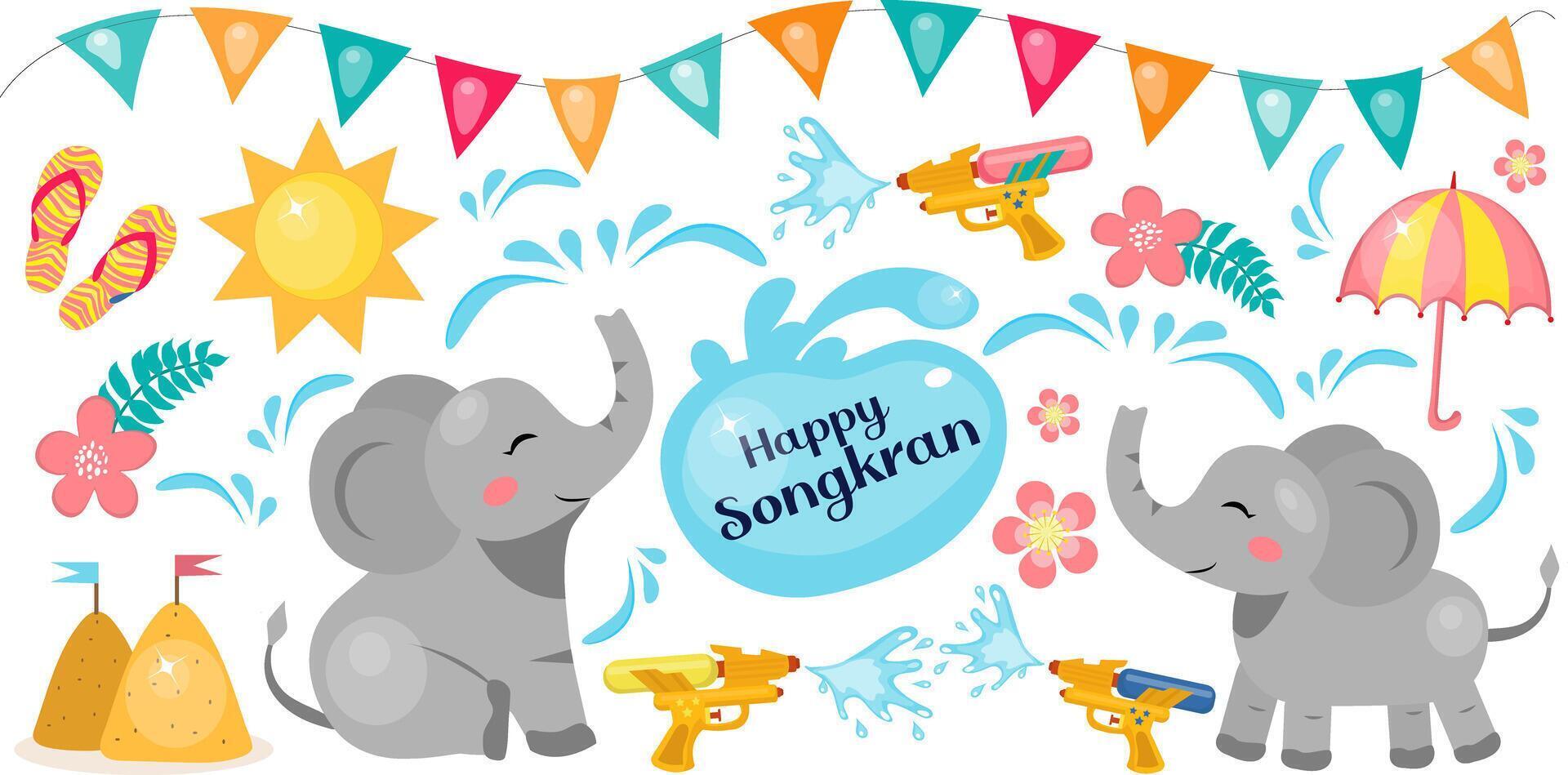 A playful set for Songkran festival featuring cute animals, water splashes, balloons, and festive decorations. Ideal for party invitations, posters, and childrens materials. vector