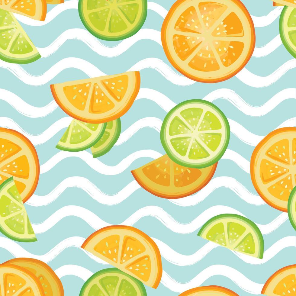 Fresh fruits summer seamles pattern. Fresh orange, lime sliced pieces. colorful drawing wavy background with fruits. vector