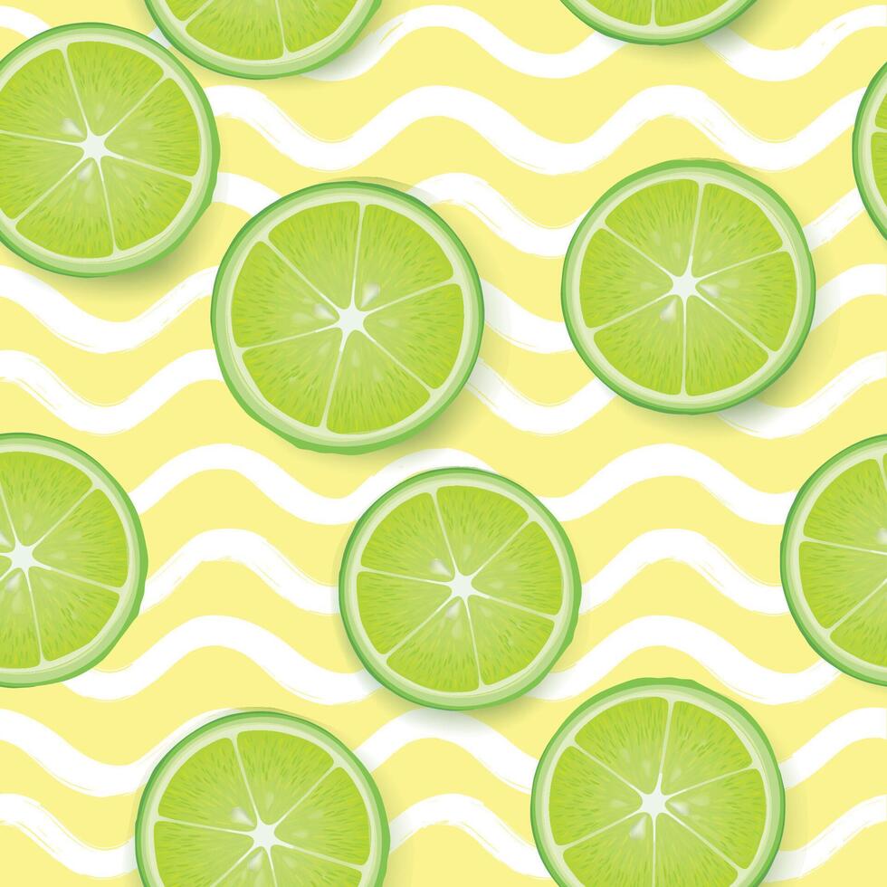 Citron lime fruit seamless pattern over wave sea texture. Fresh healthy food realistic style drawn background vector